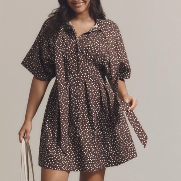 Exquise Dresses & Skirts - Anthropologie The Tobie Mini Shirt Dress Tie Neck Edition in brown polka dot 2X